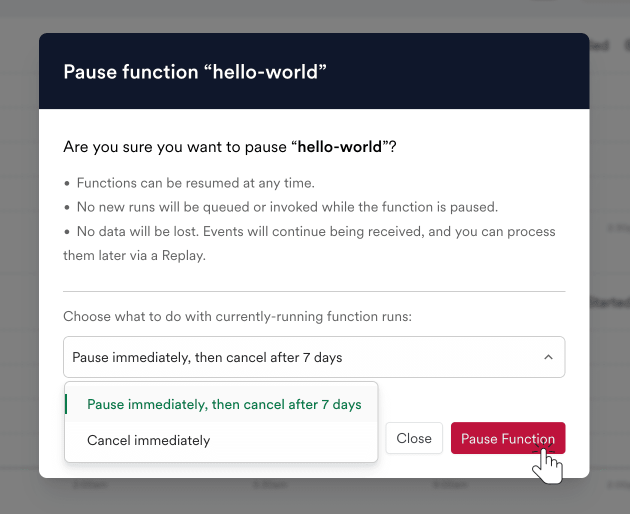 Options for handling running invocations when pausing a function.